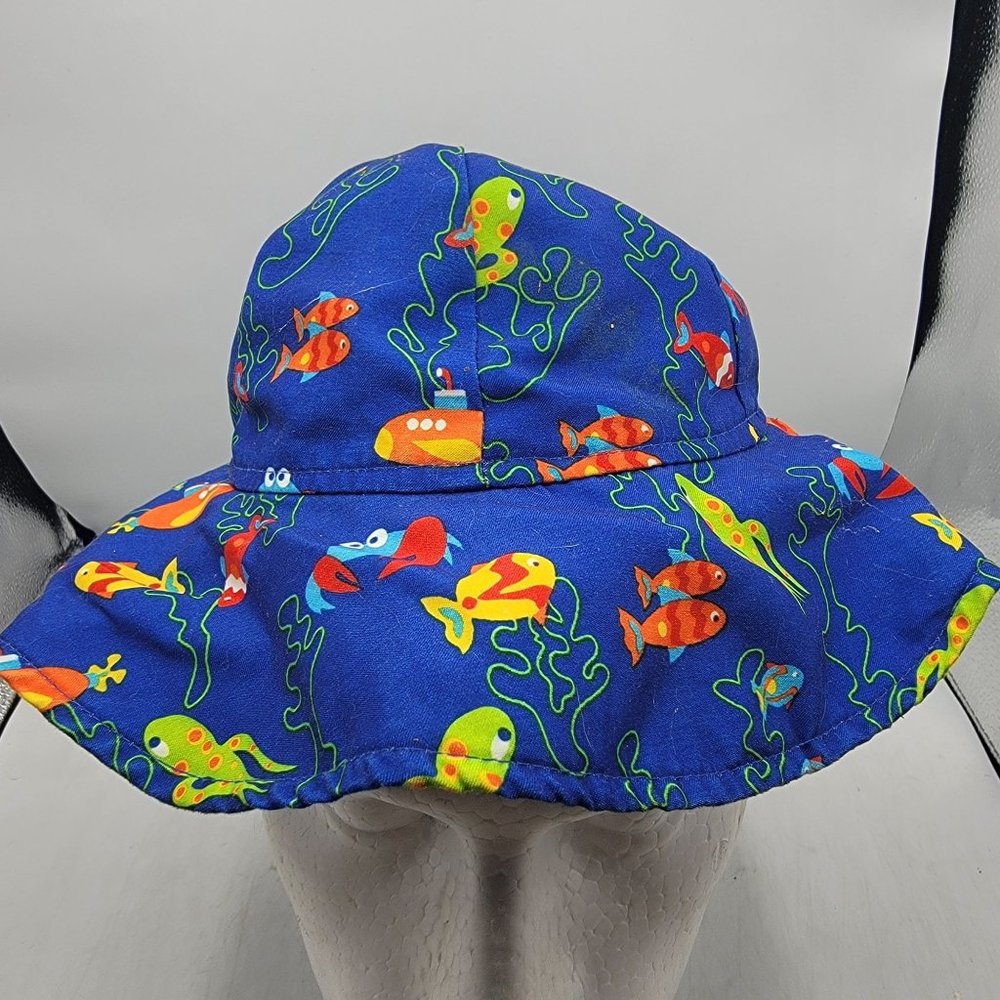 Wee Wave Floppy Blue Sun Hat Cap Ocean Beach Submarine Fish Squid Octopus